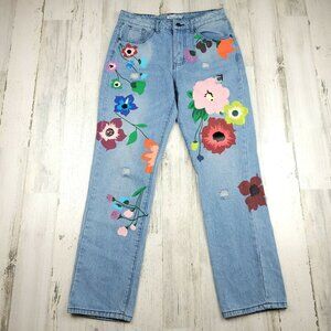 Misslook Hippie Floral Straight Leg Jeans Mid Rise Light Wash Size S